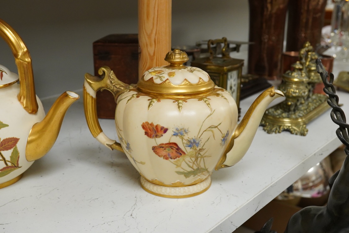 Four 19th century Worcester blush ivory teapots, with floral decoration and decorative handles, largest 20cm wide